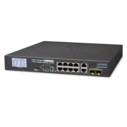Switch PoE+, distancia 250 metros, 8 puertos + 2 combo TP/SFP gigabit y pantalla LCD para monitoreo