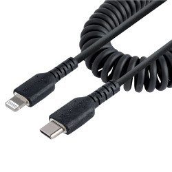 Cable de 1m USB-C a Lightning MFi, Cable USB Tipo C en Espiral de Carga Negro para iPhone
