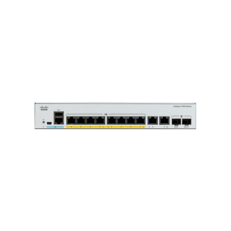Switch Catalyst 1000, 8 puertos Gigabit Ethernet, PoE+ con 120W totales, 2 Puertos SFP (2x1G), Incluye cable CAB-16AWG-AC, el Sm