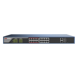Switch PoE 250 Metros LARGA DISTANCIA, Administrable via WEB, 16 puertos 802.3at (30W) 10/100 Mbps + 2 puertos Gigabit + 2 pue