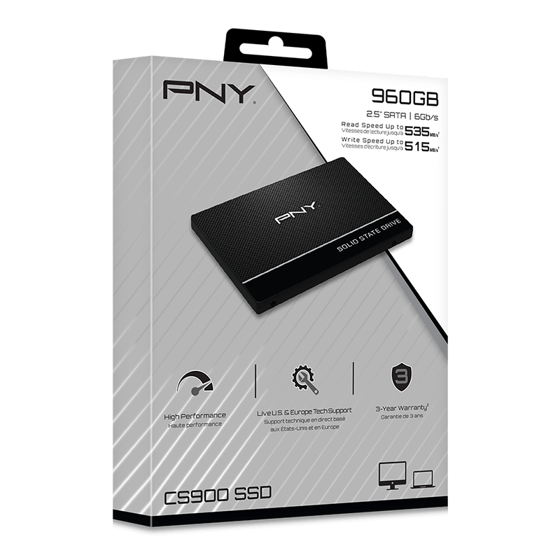 Unidad de estado sólido SSD PNY CS900 960GB 2.5 SATA3 7mm lect. 535, escr. 515mbs, PC, alto rendimiento