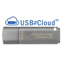 Memoria Kingston 64GB USB 3.0 DataTraveler locker G3  hardware de encriptación  USB to cloud, gris