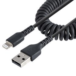 Cable de 50cm USB a Lightning en Espiral con Certificación MFi Negro, Cable Lightning en Espiral de Carga para iPhone