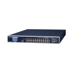 Switch administrable L3, 24 puertos gigabit PoE 802.3bt, 2 puertos 10g SFP+, pantalla táctil, fuente redundante, (600w)