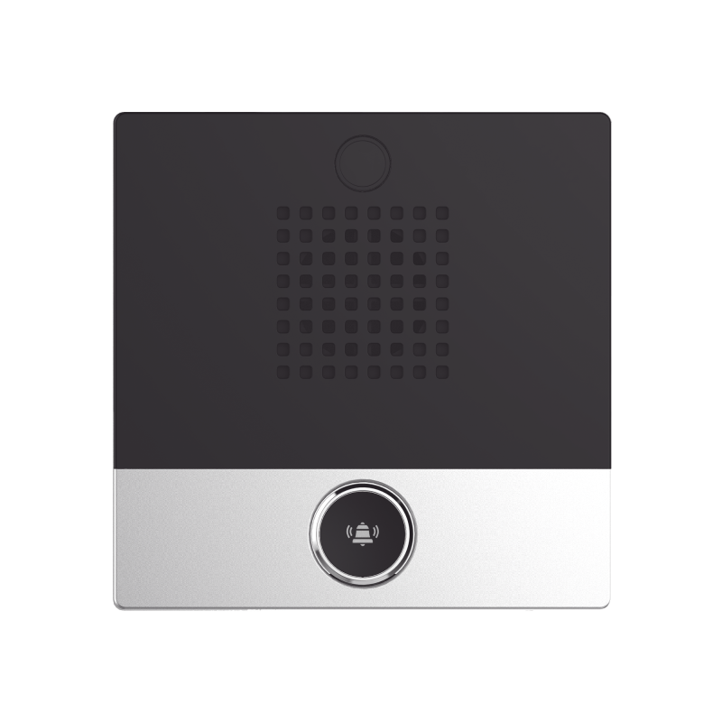 Mini intercomunicador para hotelería y hospitales, con diseño elegante, PoE, 1 botón, 1 relevador integrado de salida y entrada.