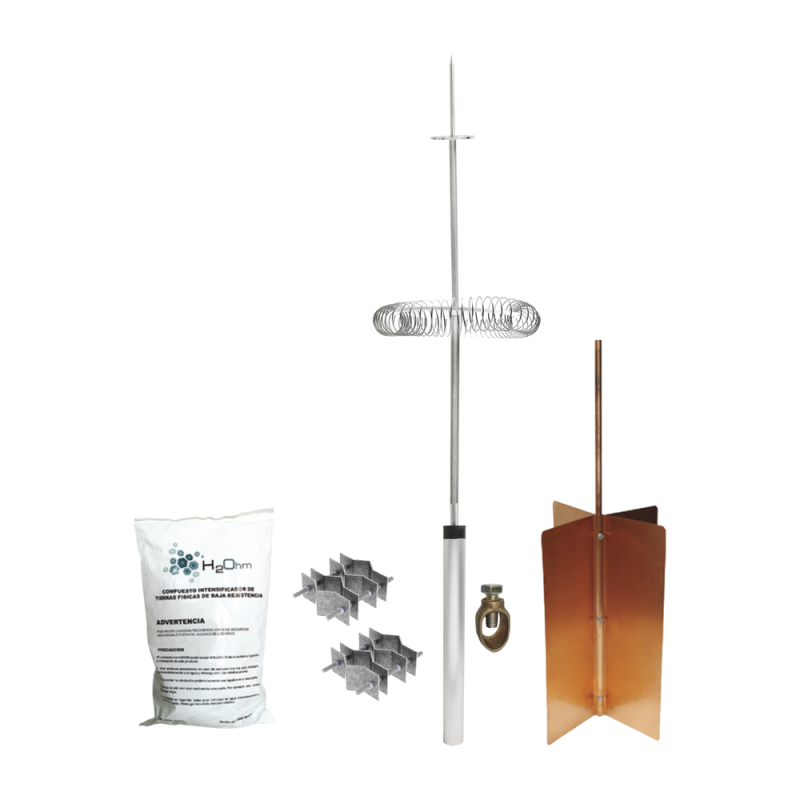 Kit básico de pararrayo con punta dipolo y electrodo tipo rehilete. Instalación en poste o torre.