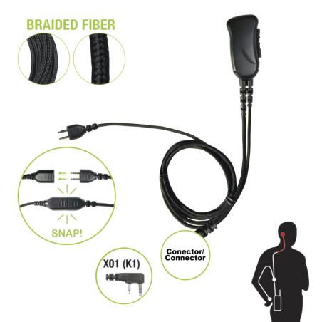 Micrófono con cable de fibra trenzada serie snap compatible con Kenwood conector de 2 pines.