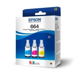 Paquete de tintas marca Epson modelo T664, 3 botellas, colores cian, magenta y amarillo