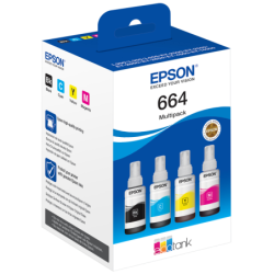 Paquete de tintas marca Epson modelo T664, 4 botellas, colores negro, cian, magenta y amarillo
