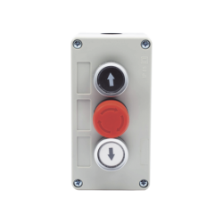 Botonera triple con botón de stop tipo enclavado, para barreras vehiculares, operadores corredizos y abatibles.
