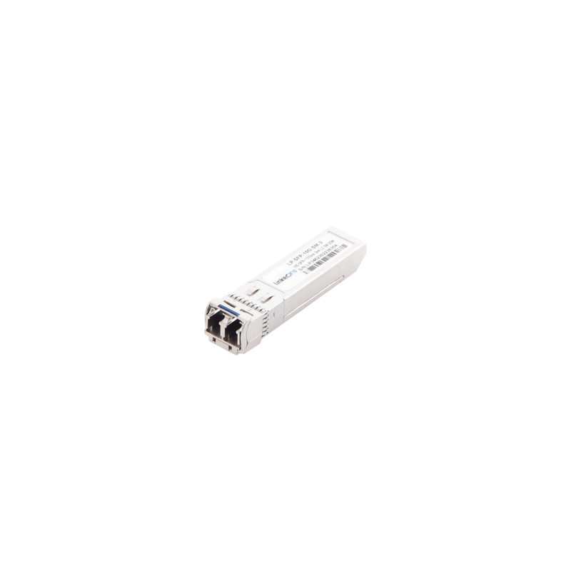 Transceptor SFP+ (mini-gbic) para fibra monomodo, 10 gbps de velocidad, conectores lc, dúplex, hasta 3 km de distancia.